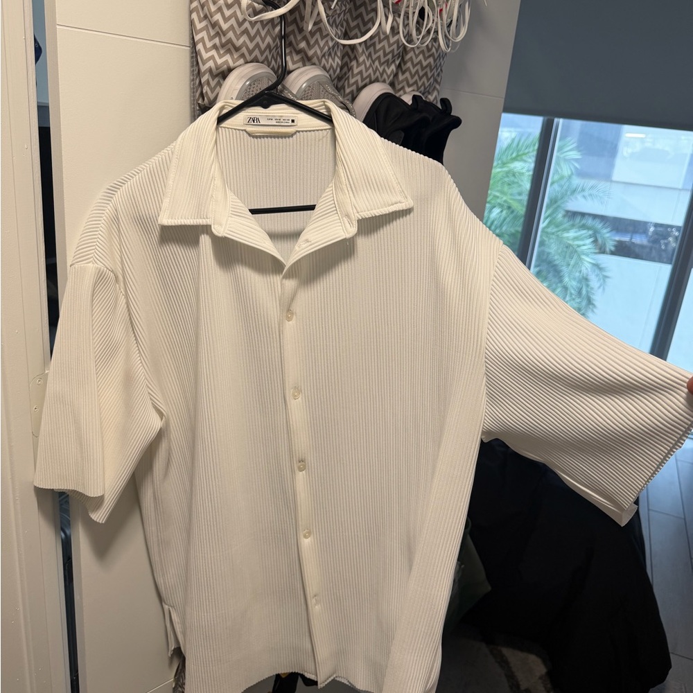 Zara Men's Cream/White pleated Button Down Shirt